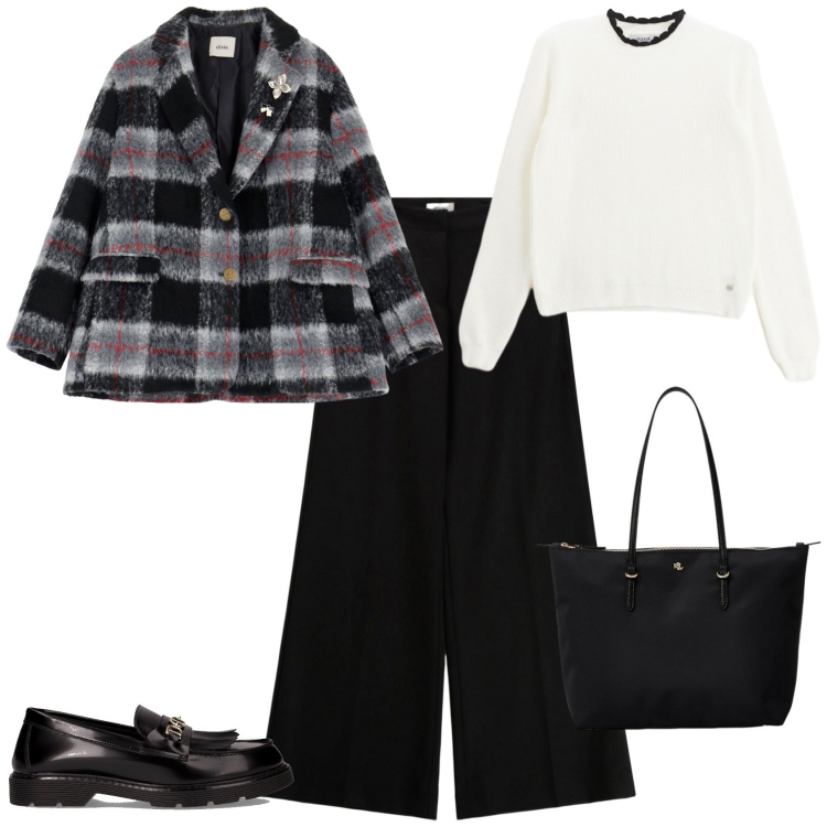 Outfit donna - Total look #2266516. Stile Casual chic per Tutti i giorni. Abbinamento con pullovers, blazer, pantaloni a palazzo, borse tote, mocassini.