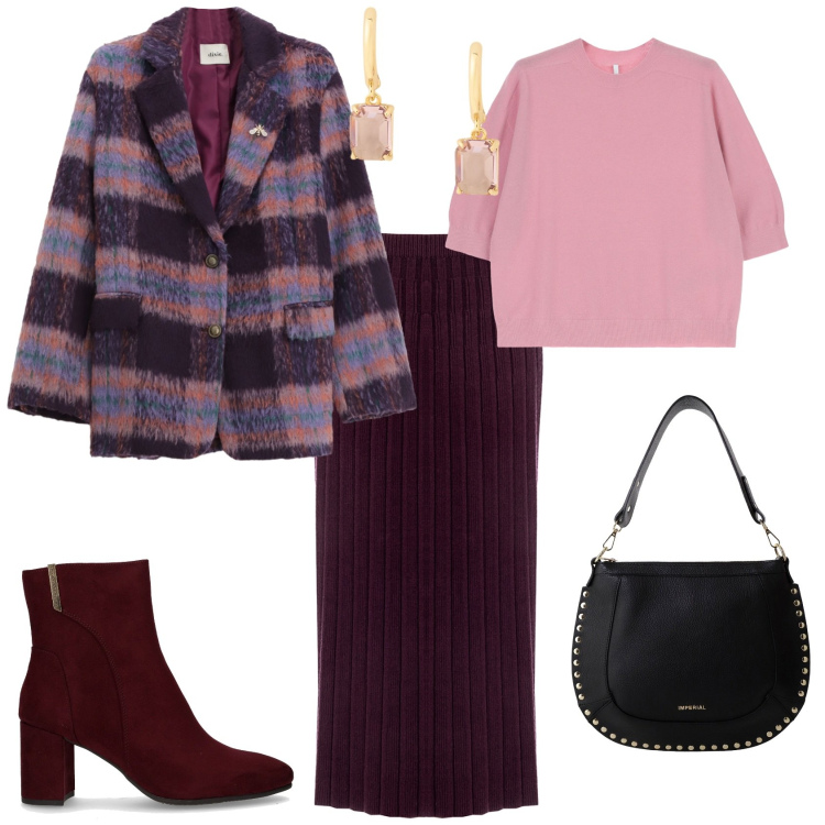 Outfit donna - Total look #2266524. Stile Casual chic per Tutti i giorni. Abbinamento con gonne longuette, maglieria, borse a spalla, blazer, orecchini, stivaletti.