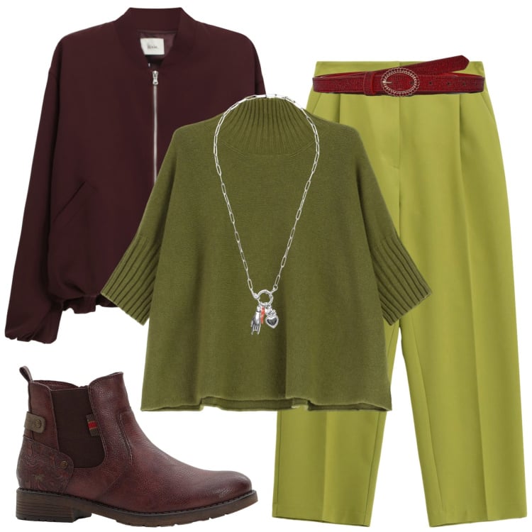 Outfit donna - Serata con gli amici. Stile Casual per Serata fuori. Abbinamento con stivaletti chelsea, cinture, maglieria, pantaloni, bomber, ciondoli.