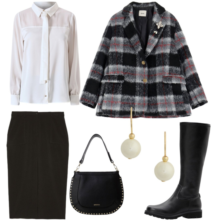 Outfit donna - Curvy. Stile Urban per Tutti i giorni. Abbinamento con stivali, camicie, borse a spalla, blazer, orecchini, gonne lunghe.