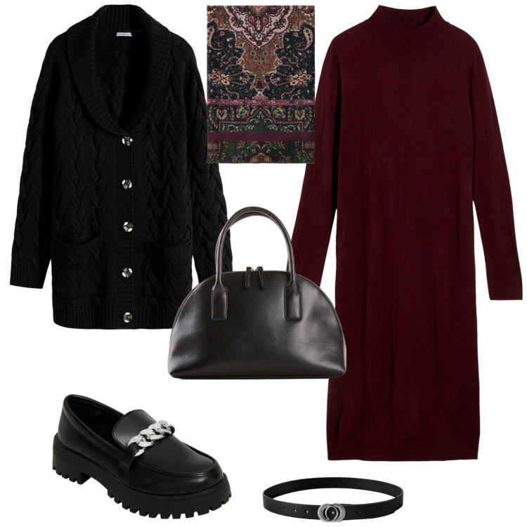 Outfit donna - Total look #2266529. Stile Minimal per Tutti i giorni. Abbinamento con cardigans, vestiti, shopping bag, cinture, mocassini, foulard.