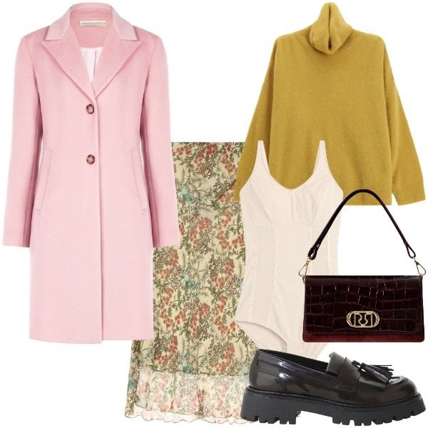 Outfit donna - Street style. Stile Urban per Tutti i giorni. Abbinamento con body, borse a mano, cappotti, maglieria, mocassini, gonne longuette.