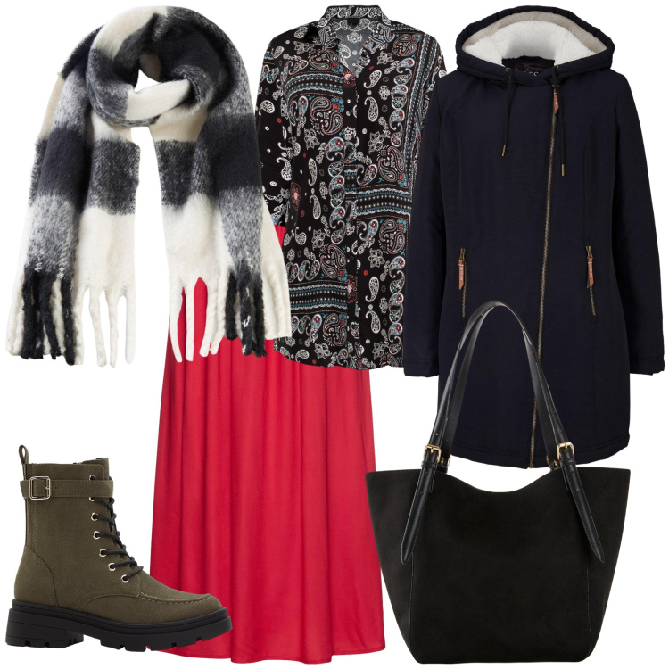 Outfit donna - Che Bonprix per il total look. Stile Trendy per Tutti i giorni. Abbinamento con blazer, camicie, gonne lunghe, shopping bag, sciarpe, stivaletti.