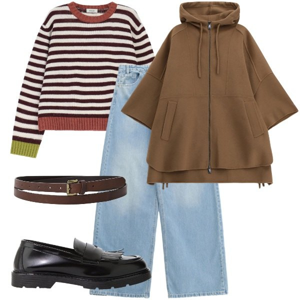 Outfit donna - Street style. Stile Urban per Tutti i giorni. Abbinamento con jeans, mocassini, cinture, maglieria, cappotti.