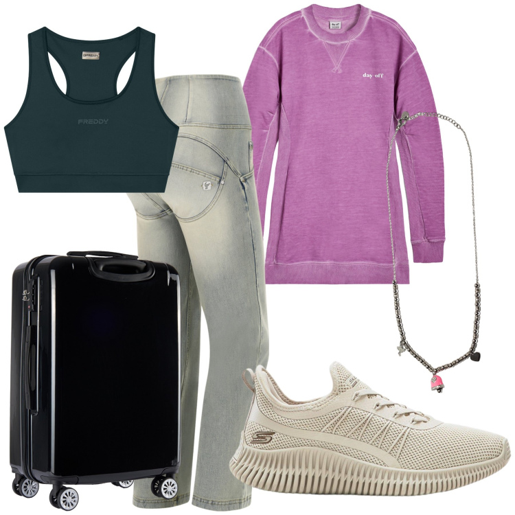 Outfit donna - Sportiva partenza. Stile Casual per Tutti i giorni. Abbinamento con sneakers, jeans, reggiseni, ciondoli, valigie, felpe.