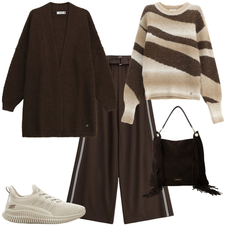 Outfit donna - Total look #2266540. Stile Casual chic per Tutti i giorni. Abbinamento con sneakers, pullovers, cardigans, pantaloni a palazzo, borse a spalla.