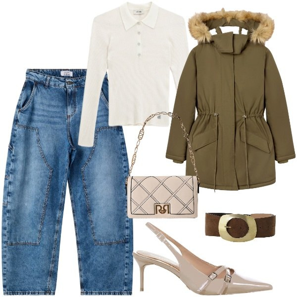 Outfit donna - Il primo parka. Stile Urban per Serata fuori. Abbinamento con jeans dritti, parka, borse a tracolla, décolleté, cinture, maglieria.