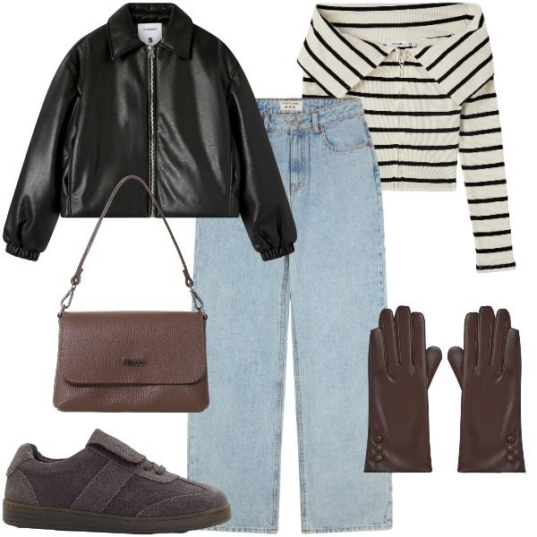 Outfit donna - Maglia a righe in città. Stile Urban per Tutti i giorni. Abbinamento con sneakers, cardigans, bomber, jeans, guanti, borse a tracolla.