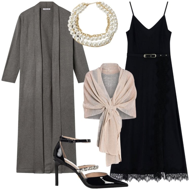 Outfit donna - Vestito lungo e cardigan serata risolta. Stile Chic per Cerimonia. Abbinamento con cardigans, stole, décolleté, collane, vestiti lunghi.