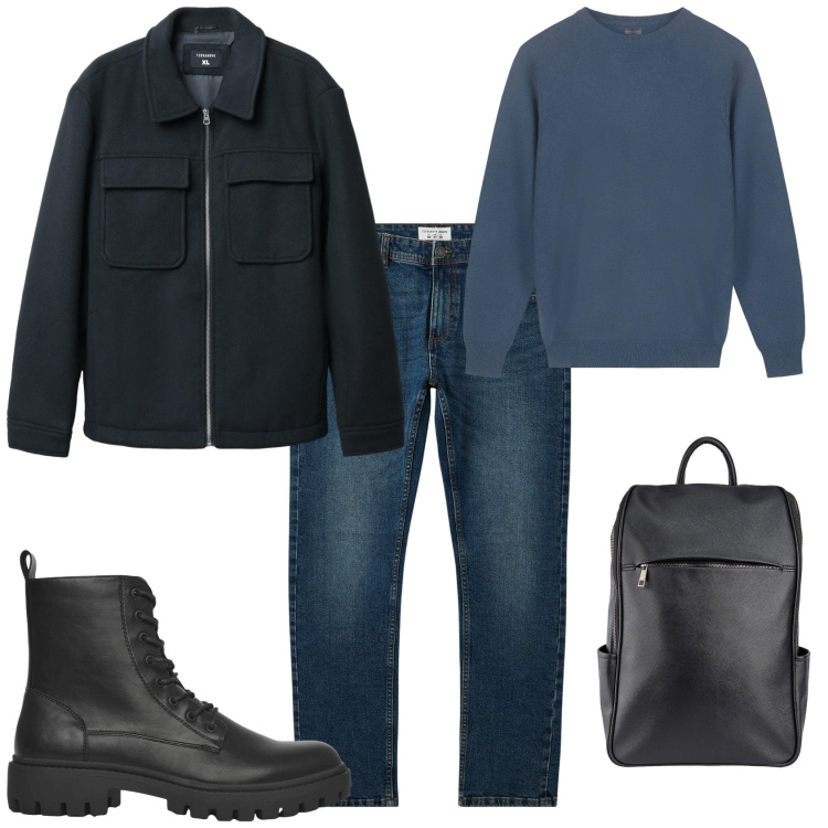 Outfit uomo - Total look #2266544. Stile Urban per Tutti i giorni. Abbinamento con jeans, anfibi, cappotti, borse sportive, maglieria.