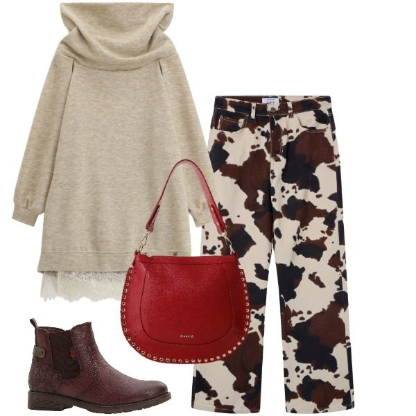 Outfit donna - Maxi abito sui jeans. Stile Urban per Tutti i giorni. Abbinamento con stivaletti chelsea, jeans, vestiti asimmetrici, borse a spalla.