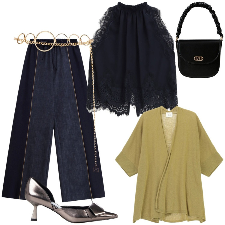 Outfit donna - Happy hour con gli amici. Stile Casual chic per Serata fuori. Abbinamento con cardigans, cinture, décolleté, borse a mano, bluse, pantaloni a palazzo.