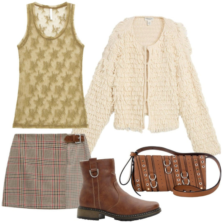 Outfit donna - Urban style. Stile Urban per Tutti i giorni. Abbinamento con stivaletti, cardigans, minigonne, borse a spalla, canottiere.