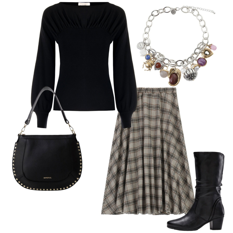 Outfit donna - Total look #2266552. Stile Urban per Ufficio. Abbinamento con stivali, gonne longuette, braccialetti con ciondoli, maglieria, borse a spalla.