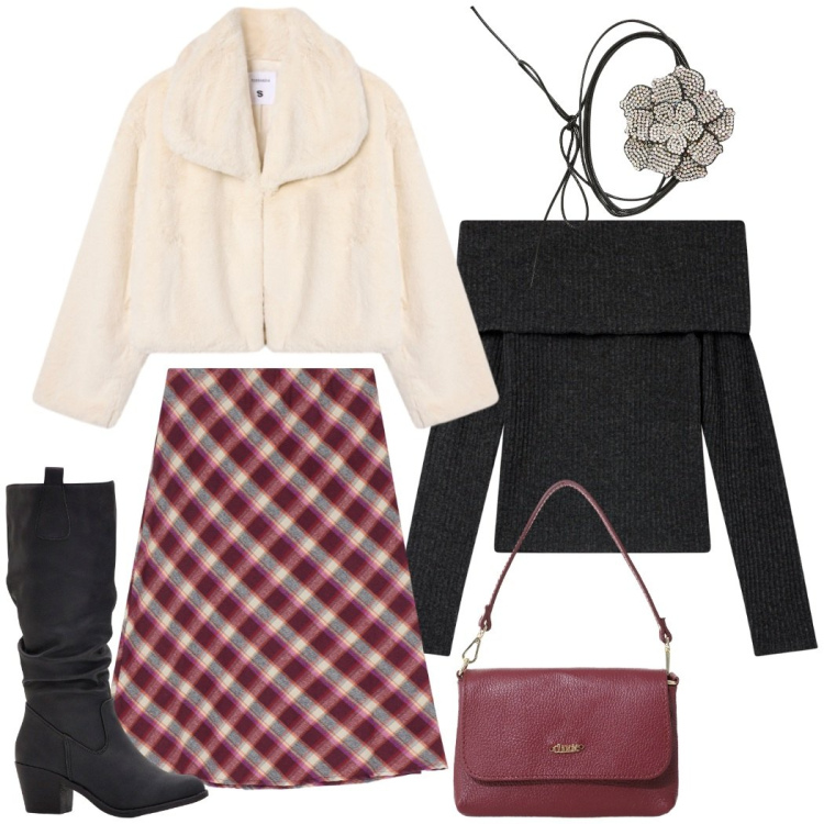 Outfit donna - La romantica. Stile Romantica per Serata fuori. Abbinamento con stivali, collane, maglieria, ecopellicce, gonne, borse a tracolla.