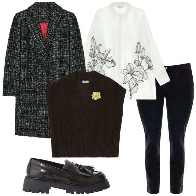 Outfit donna - Total look #2266556. Stile Minimal per Ufficio. Abbinamento con jeans skinny, maglieria, camicie, mocassini, cappotti.