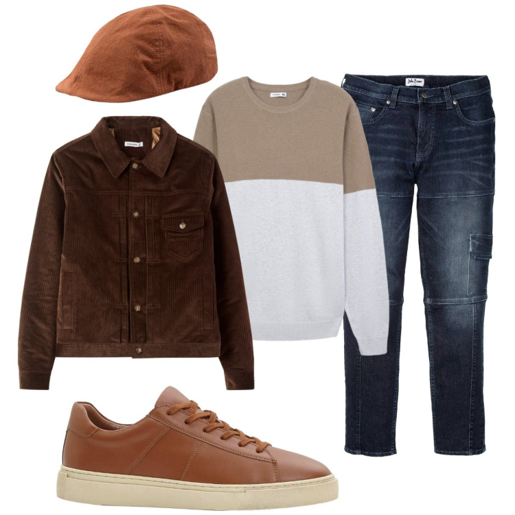Outfit uomo - Autunno perfetto. Stile Casual per Tutti i giorni. Abbinamento con jeans slim fit, sneakers, maglieria, giacche, cappelli con visiera.