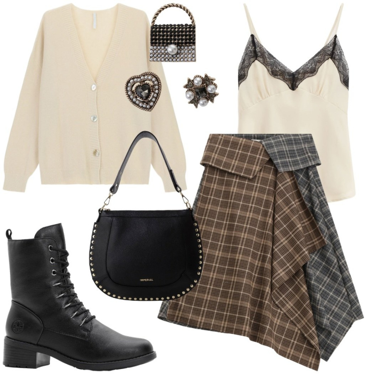 Outfit donna - Per chi ama distinguersi. Stile Casual chic per Tutti i giorni. Abbinamento con stivaletti, minigonne, top, cardigans, borse a spalla, accessori per capelli.