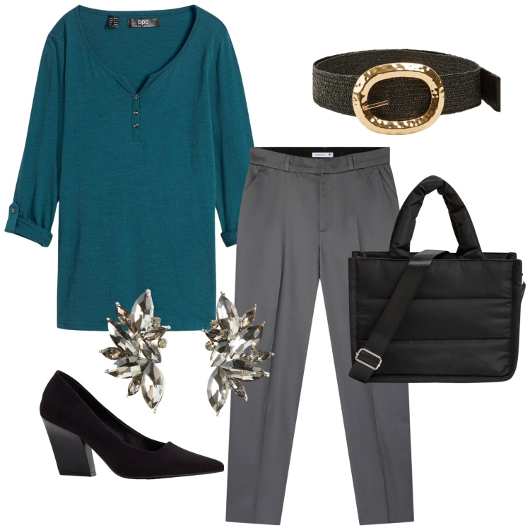 Outfit donna - Total look #2266562. Stile Minimal per Ufficio. Abbinamento con cardigans, décolleté, orecchini, shopping bag, cinture, pantaloni chino.