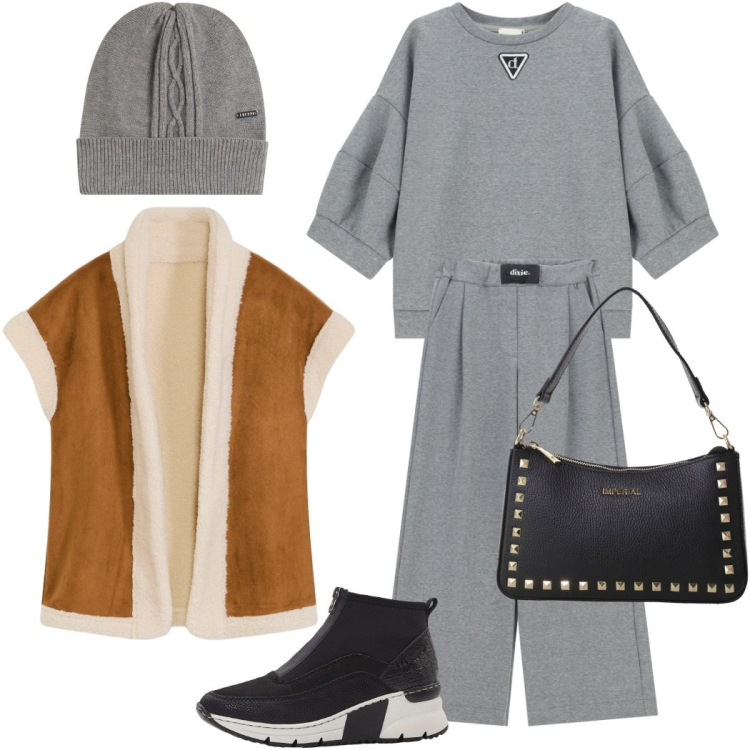 Outfit donna - Sporty chic. Stile Sporty chic per Tutti i giorni. Abbinamento con sneakers, piumini, pochette, felpe, pantaloni a palazzo, berretti.