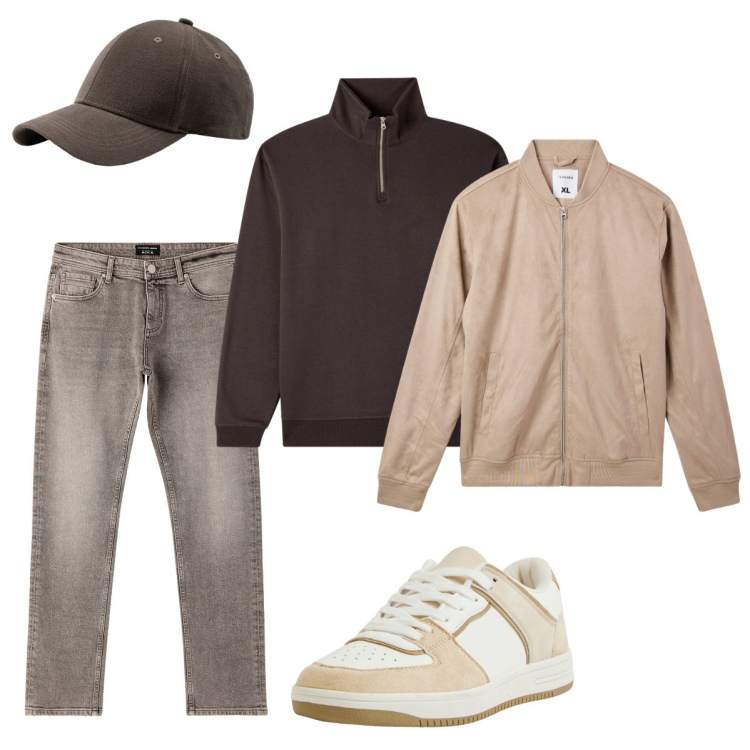 Outfit uomo - Tono su tono. Stile Casual per Tutti i giorni. Abbinamento con sneakers, bomber, jeans, felpe, cappelli con visiera.