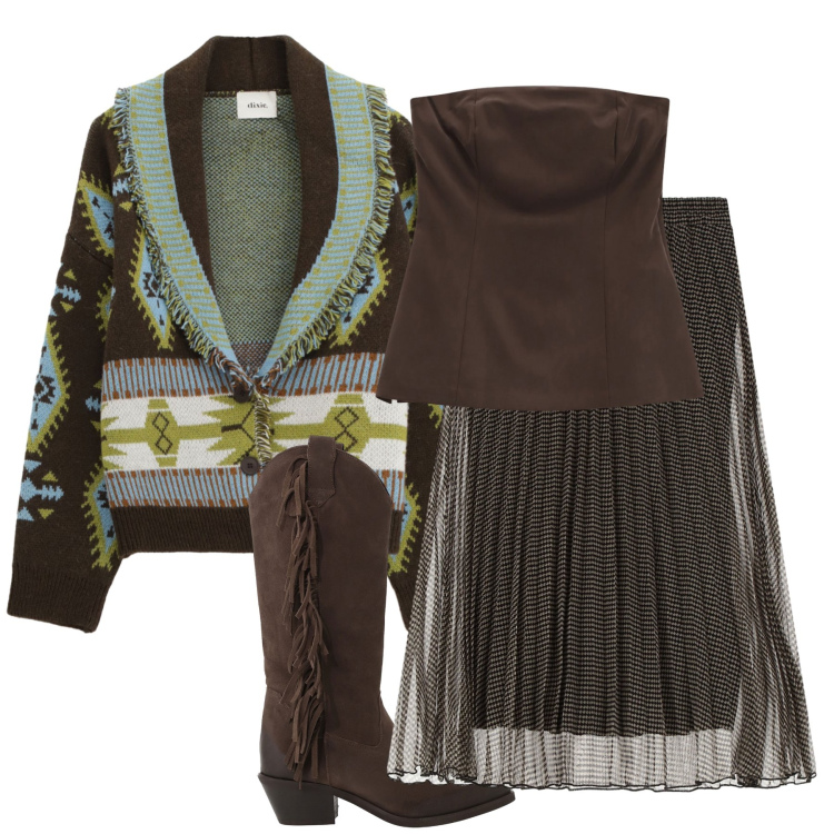Outfit donna - Total look #2266571. Stile Casual per Tutti i giorni. Abbinamento con top, cardigans, gonne lunghe, stivali.