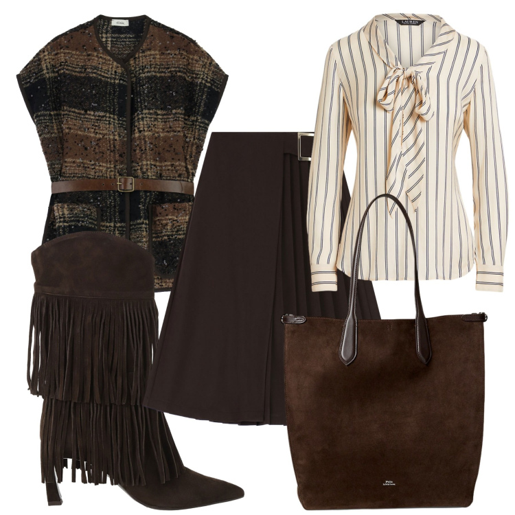 Outfit donna - A cena con le amiche. Stile Casual chic per Serata fuori. Abbinamento con stivali, gilet, gonne longuette, borse tote, camicie.