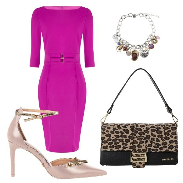 Outfit donna - L\'abito tubino con dettaglio gioiello. Stile Glamour per Serata fuori. Abbinamento con vestiti a tubino, décolleté, borse a spalla, braccialetti con ciondoli.