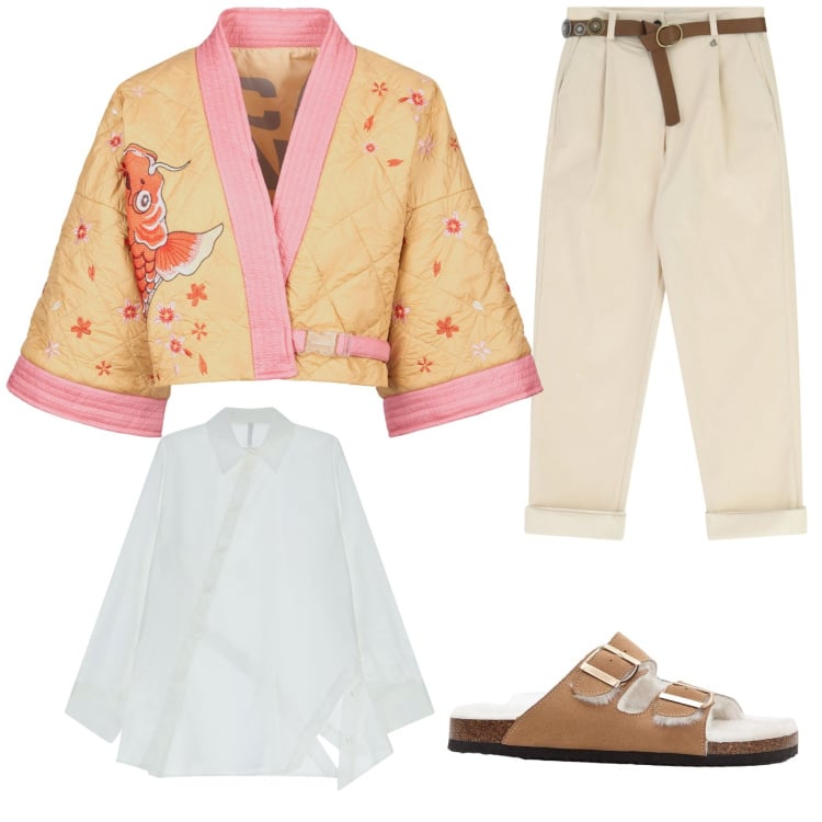 Outfit donna - Pomeriggio a Tokyo. Stile Urban per Tutti i giorni. Abbinamento con pantofole, kimono, pantaloni, camicie.
