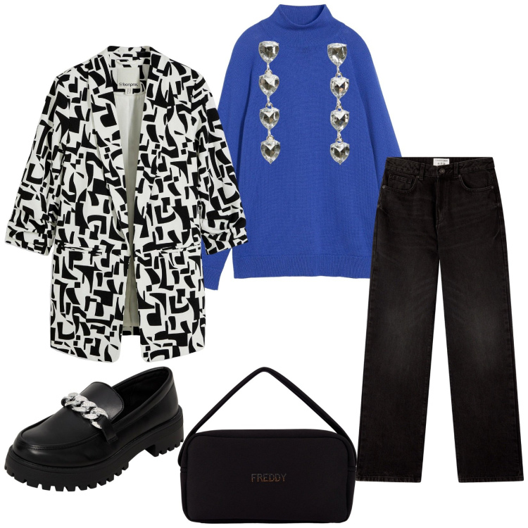 Outfit donna - Total look #2266575. Stile Casual chic per Tutti i giorni. Abbinamento con blazer, maglieria, mocassini, orecchini, jeans dritti, borse a mano.