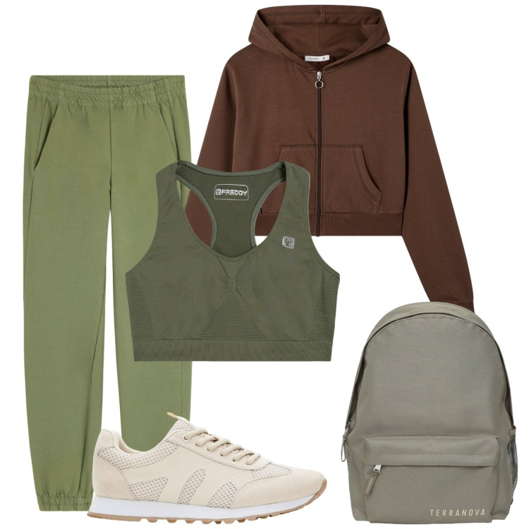 Outfit donna - Camminata mattutina. Stile Basic per Sport. Abbinamento con sneakers, zaini, felpe con cappuccio, pantaloni sportivi, reggiseni.