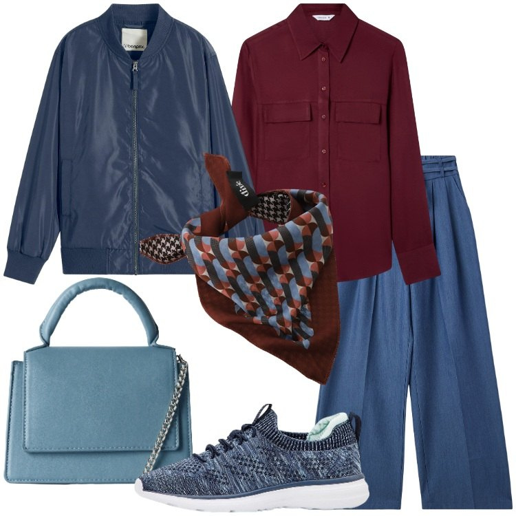 Outfit donna - Serata con gli amici. Stile Casual per Serata fuori. Abbinamento con sneakers, bomber, jeans, borse a tracolla, camicie, foulard.