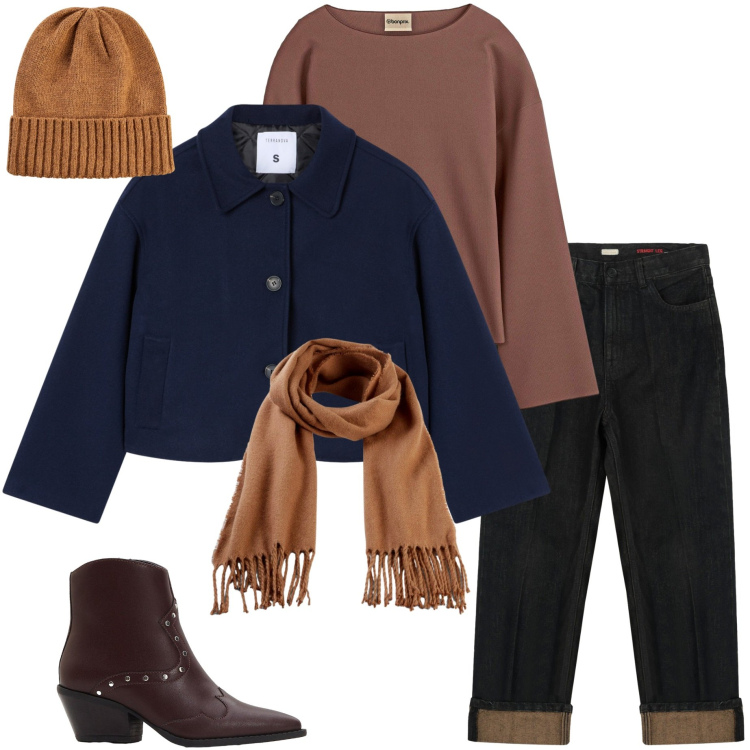 Outfit donna - Blu e marrone. Stile Casual per Tutti i giorni. Abbinamento con berretti, sciarpe, maglieria, stivaletti texani, blazer, jeans dritti.