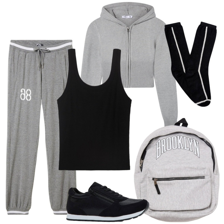 Outfit donna - La sportiva che c\'è in me. Stile Basic per Sport. Abbinamento con sneakers, pantaloni sportivi, borse sportive, felpe sportive, calzini, canottiere.