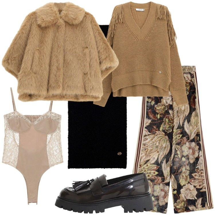 Outfit donna - Trend giacca corta in ecofur. Stile Trendy per Serata fuori. Abbinamento con maglieria, blazer, pantaloni, body, mocassini, sciarpe.