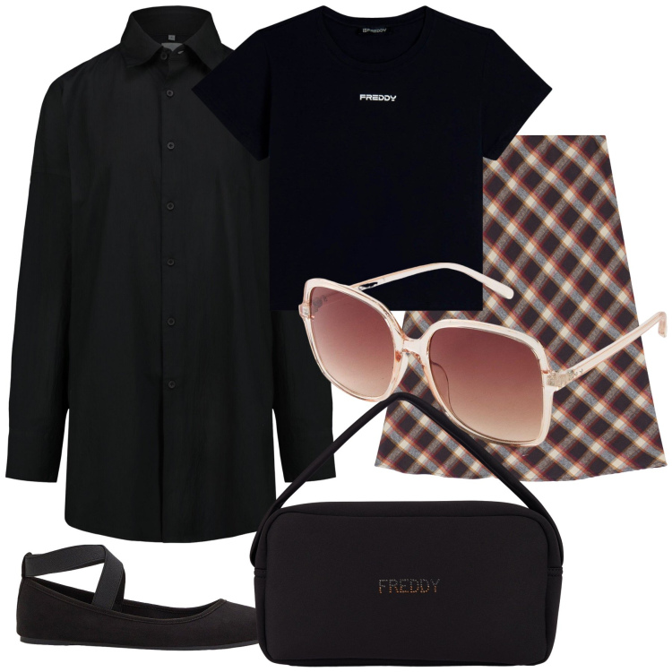 Outfit donna - Total look. Stile Urban per Tutti i giorni. Abbinamento con ballerine, occhiali da sole, gonne, borse a mano, t-shirt, camicie.