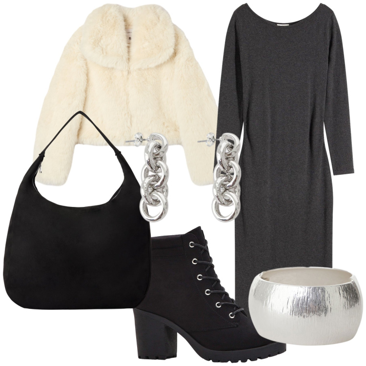 Outfit donna - Soffice. Stile Trendy per Ufficio. Abbinamento con vestiti midi/longuette, stivaletti, borse a mano, ecopellicce, orecchini, anelli.