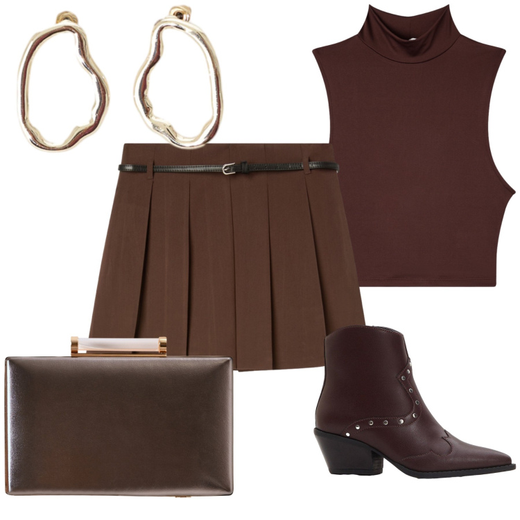 Outfit donna - Moka. Stile Urban per Tutti i giorni. Abbinamento con stivaletti texani, top, minigonne, clutch, orecchini.