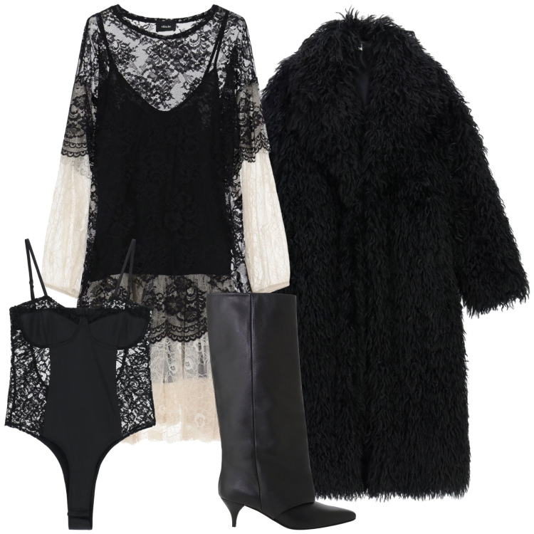 Outfit donna - Sexy e calda serata. Stile Glamour per Serata fuori. Abbinamento con cappotti, vestiti midi/longuette, body, stivali.