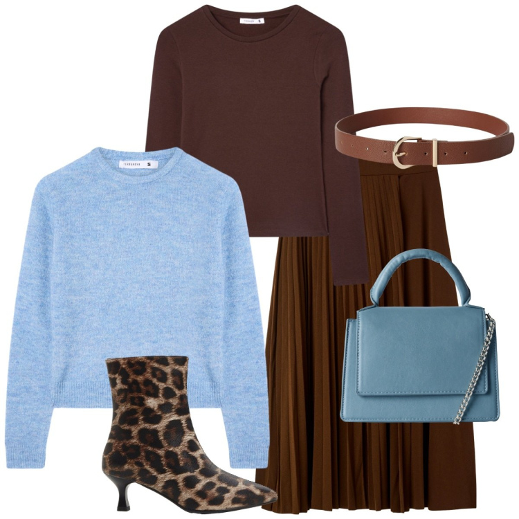 Outfit donna - Outfit da weekend. Stile Basic per Serata fuori. Abbinamento con stivaletti, gonne lunghe, maglieria, borse a tracolla, cinture, t-shirt.
