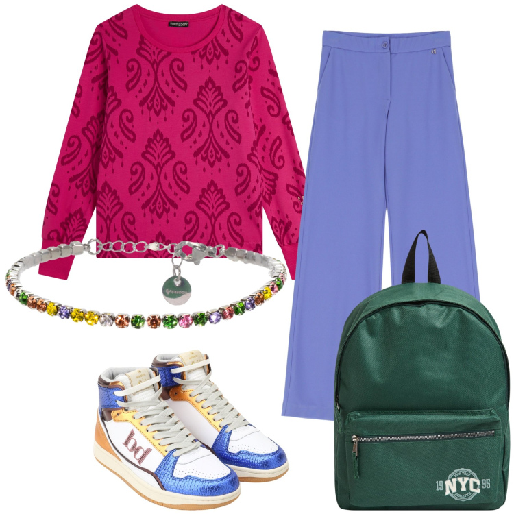 Outfit donna - W tutti i colori. Stile Trendy per Tutti i giorni. Abbinamento con zaini, sneakers alte, pantaloni, felpe, braccialetti.