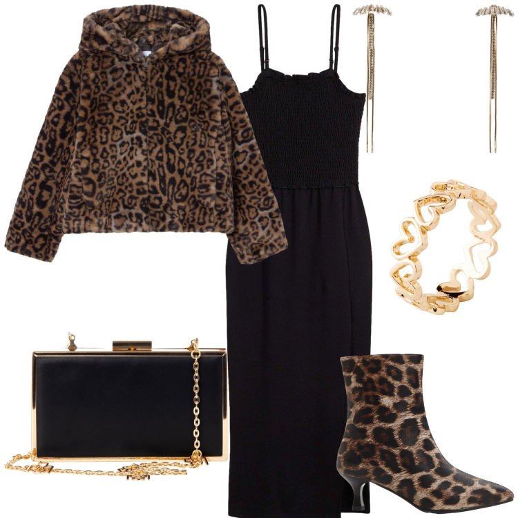 Outfit donna - Uscita romantica un po’ selvaggia. Stile Glamour per Serata fuori. Abbinamento con vestiti midi/longuette, anelli, stivaletti, orecchini, ecopellicce, pochette.