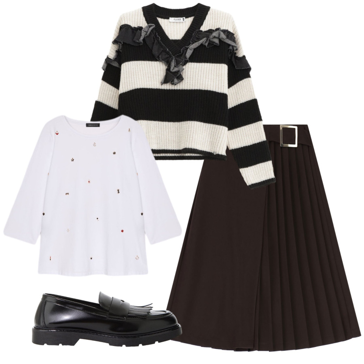 Outfit donna - Total look #2266601. Stile Casual chic per Tutti i giorni. Abbinamento con maglieria, gonne longuette, mocassini, t-shirt.