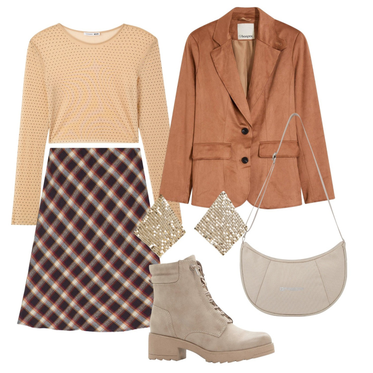 Outfit donna - Total look #2266602. Stile Casual chic per Serata fuori. Abbinamento con stivaletti, blazer, orecchini, maglieria, gonne, borse a spalla.