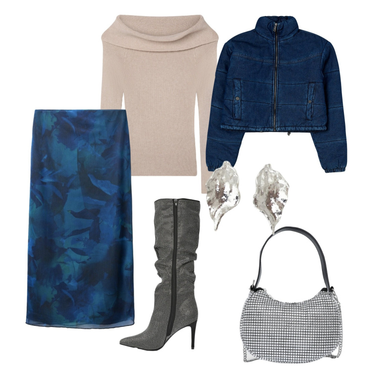 Outfit donna - Total look #2266603. Stile Glamour per Serata fuori. Abbinamento con borse a spalla, blazer, gonne lunghe, maglieria, stivali, orecchini.