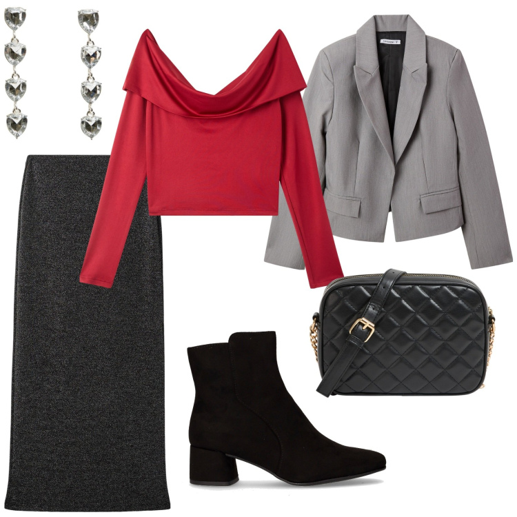 Outfit donna - Terranova in saldo. per Serata fuori. Abbinamento con borse a tracolla, orecchini, gonne lunghe, t-shirt, blazer, stivaletti.