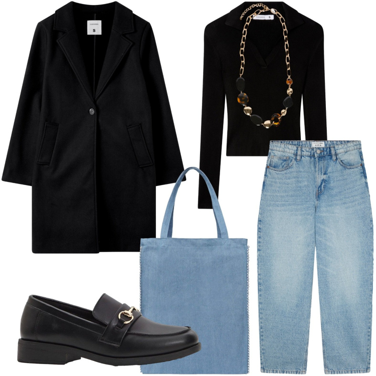 Outfit donna - Calzature british. Stile Minimal per Tutti i giorni. Abbinamento con mocassini, maglieria, jeans, cappotti, borse tote, collane.