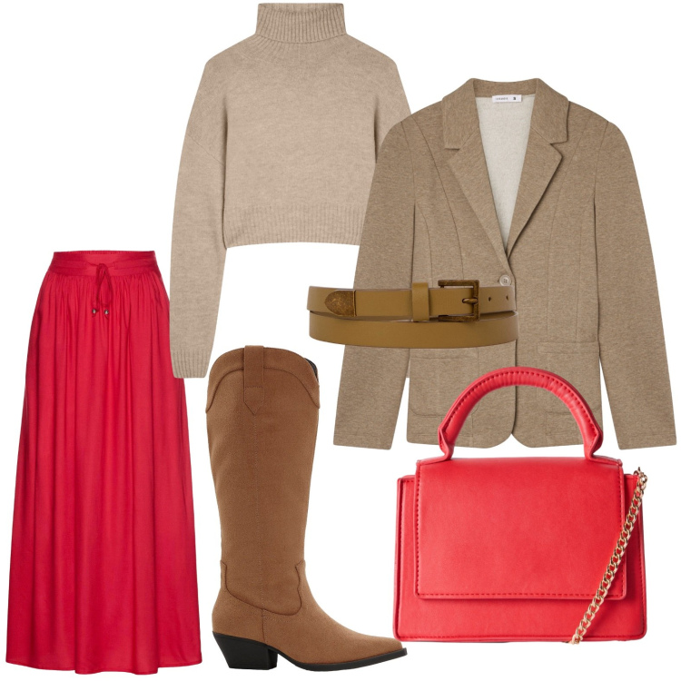 Outfit donna - L\'outfit si infiamma di rosso. Stile Casual per Tutti i giorni. Abbinamento con gonne lunghe, stivali, blazer, borse a tracolla, maglieria, cinture.
