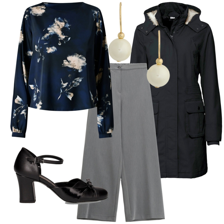 Outfit donna - Serata tra amiche. Stile Romantica per Serata fuori. Abbinamento con parka, bluse, pantaloni a palazzo, orecchini, décolleté.