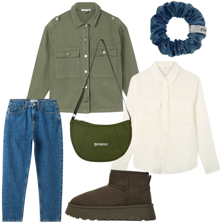 Outfit donna - La giacca green olive. Stile Minimal per Scuola/Università. Abbinamento con jeans mom, camicie, stivali, cappotti, borse a spalla, accessori per capelli.